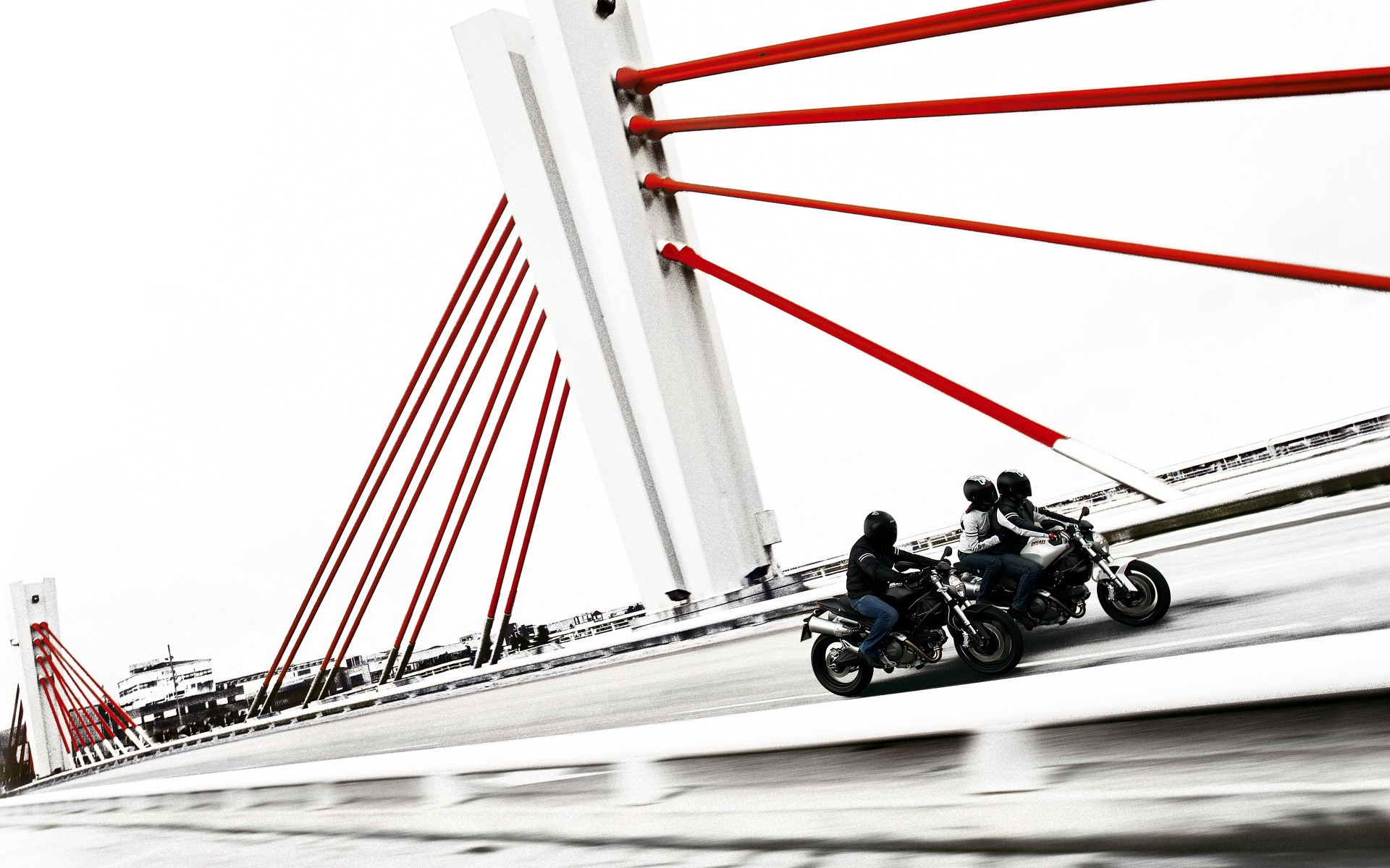 красный цвет, белый, художественный, многоцветный, мосты, Ducati, мотоциклы - обои на рабочий стол