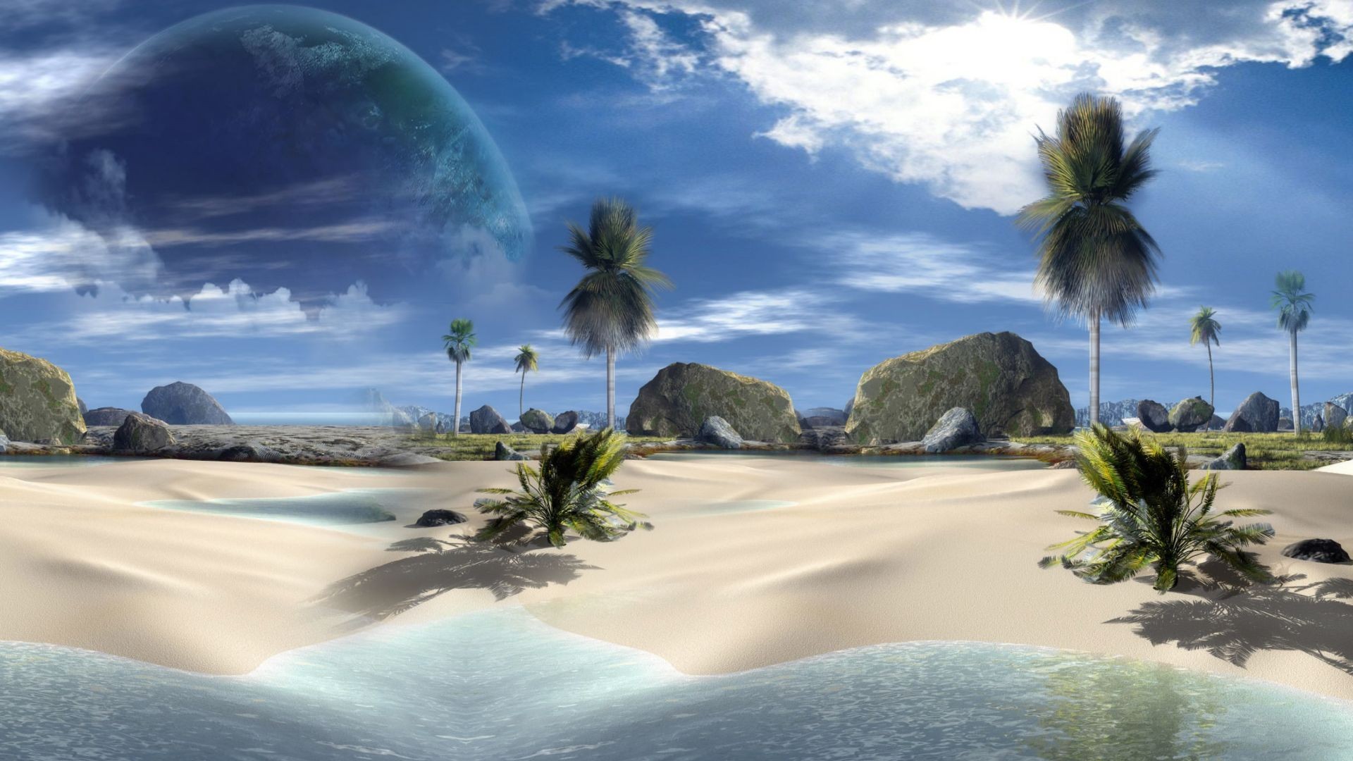 пейзажи, деревья, планеты, тропический, 3D оказывает, пляжи - обои на рабочий стол