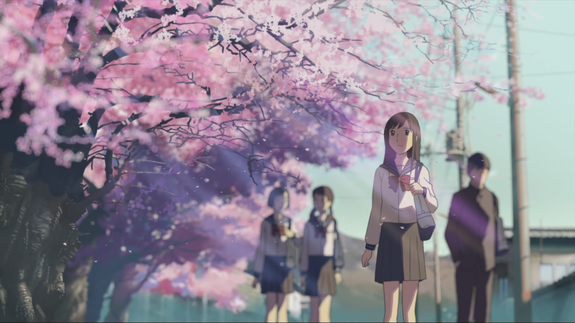 вишни в цвету, школа, Макото Синкай, живописный, 5 сантиметров в секунду, произведение искусства, аниме - обои на рабочий стол