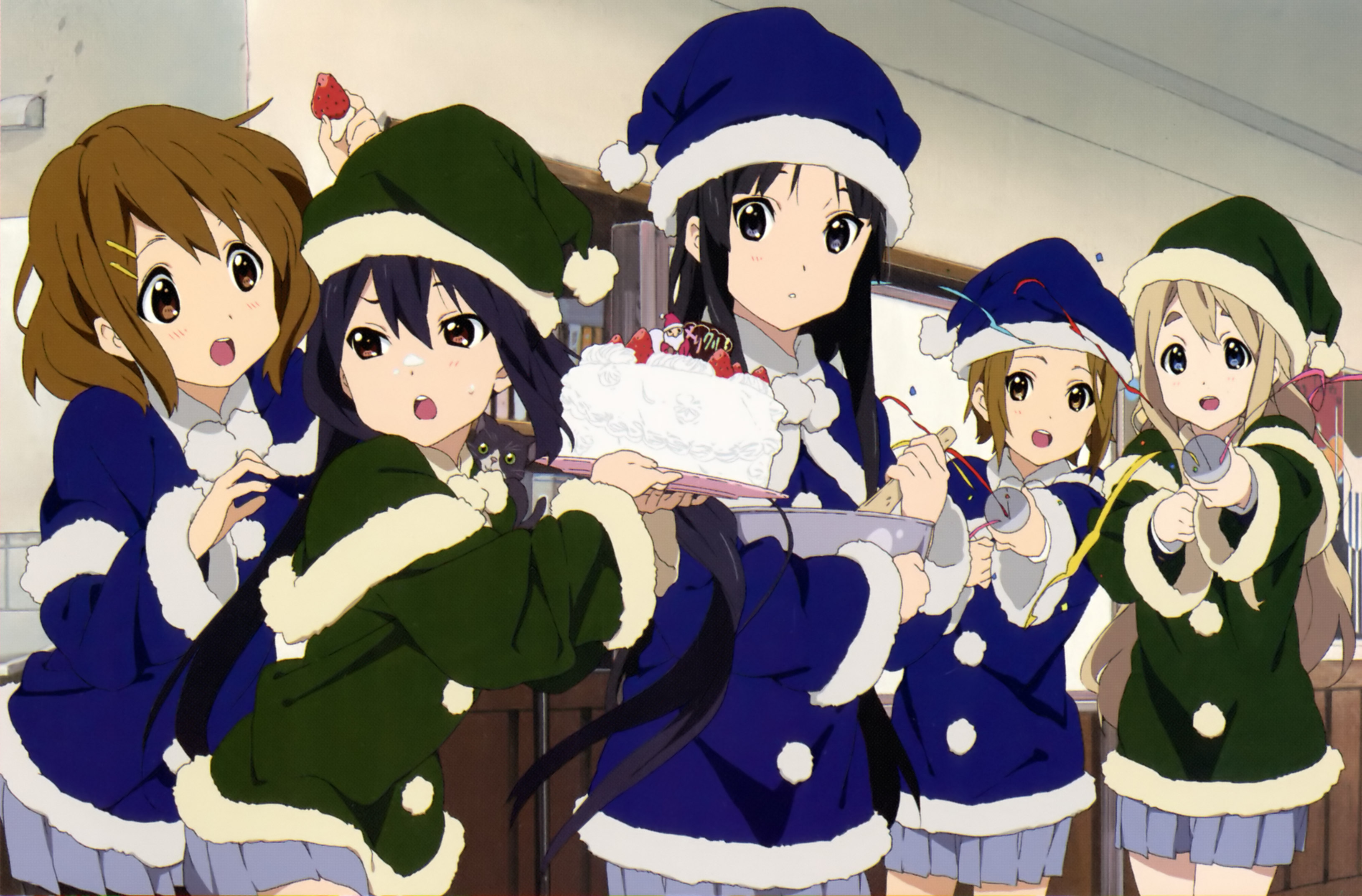 K-ON! (Кэйон!), рождество, Hirasawa Юи, Акияма Мио, Tainaka Ritsu, Kotobuki Tsumugi, Накано Азуса - обои на рабочий стол