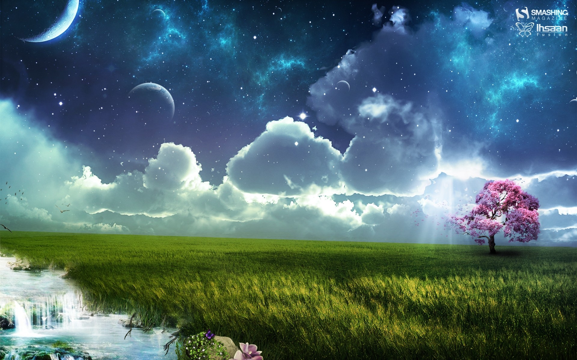 фантазия, облака, деревья, Луна, трава, небо - обои на рабочий стол