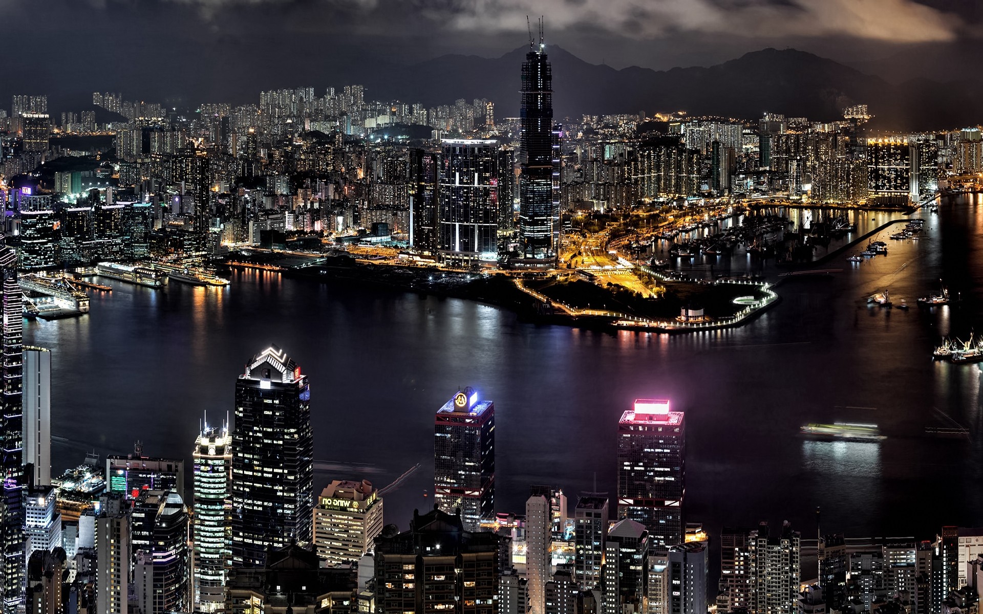 города, ночь, здания, Гонконг, города - обои на рабочий стол