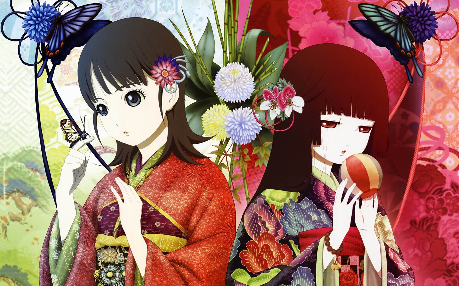 Jigoku Shoujo, Енма Ai, японская одежда, аниме девушки, украшения для волос, челка, черные волосы - обои на рабочий стол