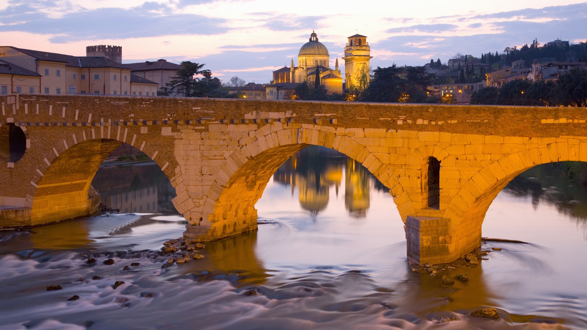 мосты, церкви, Италия, Река, Верона, Венето, Понте Пьетра - обои на рабочий стол