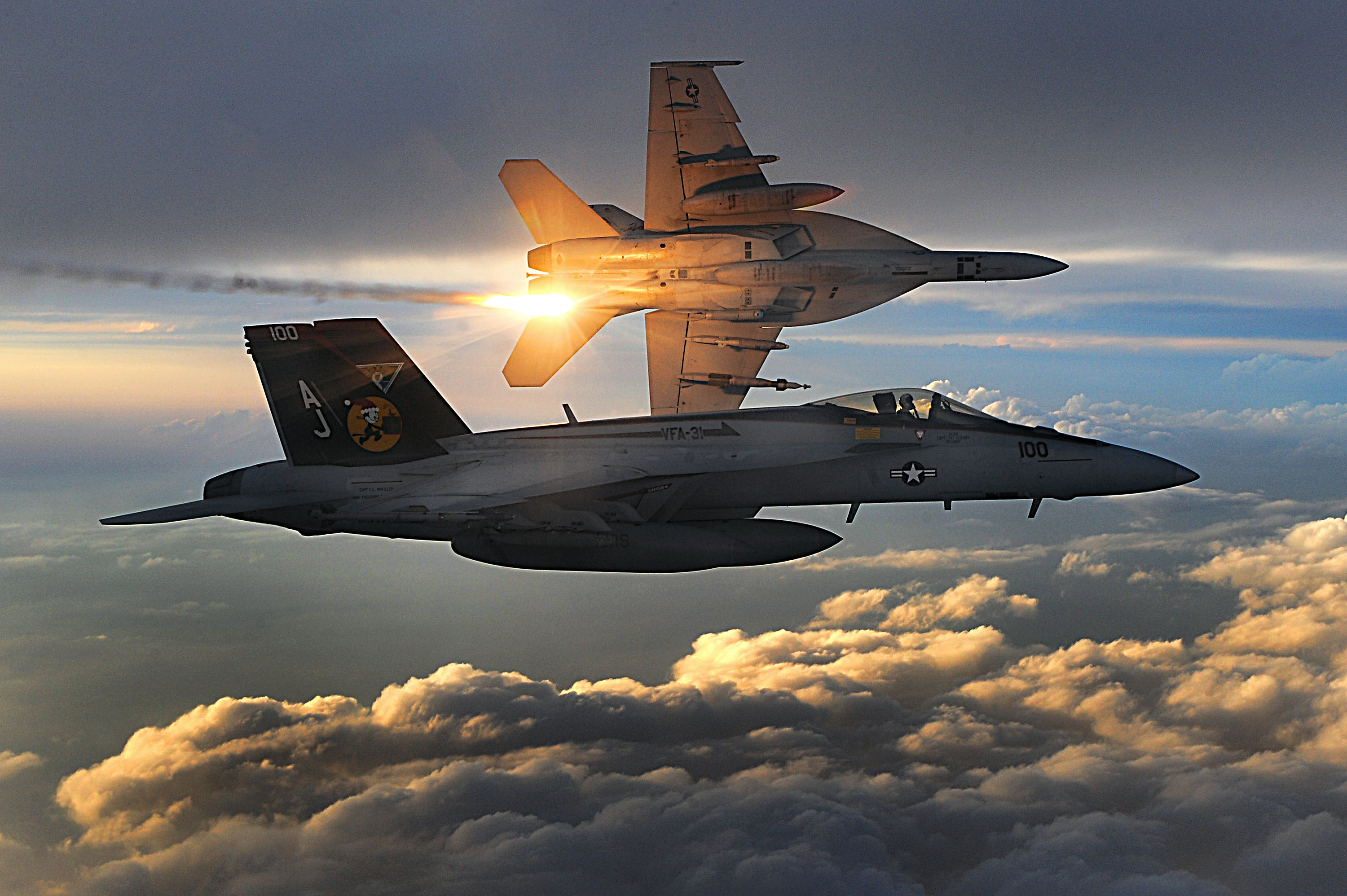 самолет, вспышки, F- 18 Hornet, небо - обои на рабочий стол