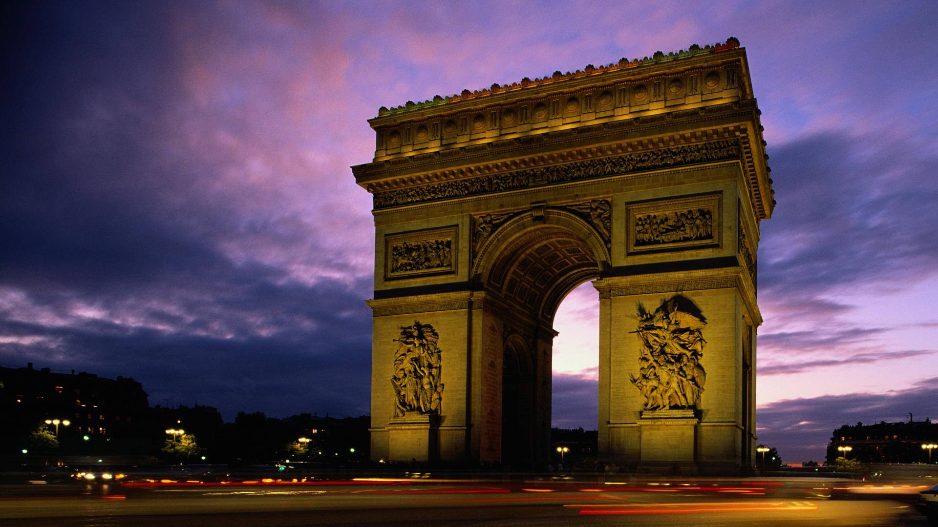 Париж, архитектура, Франция, Триумфальная арка, сумерки - обои на рабочий стол