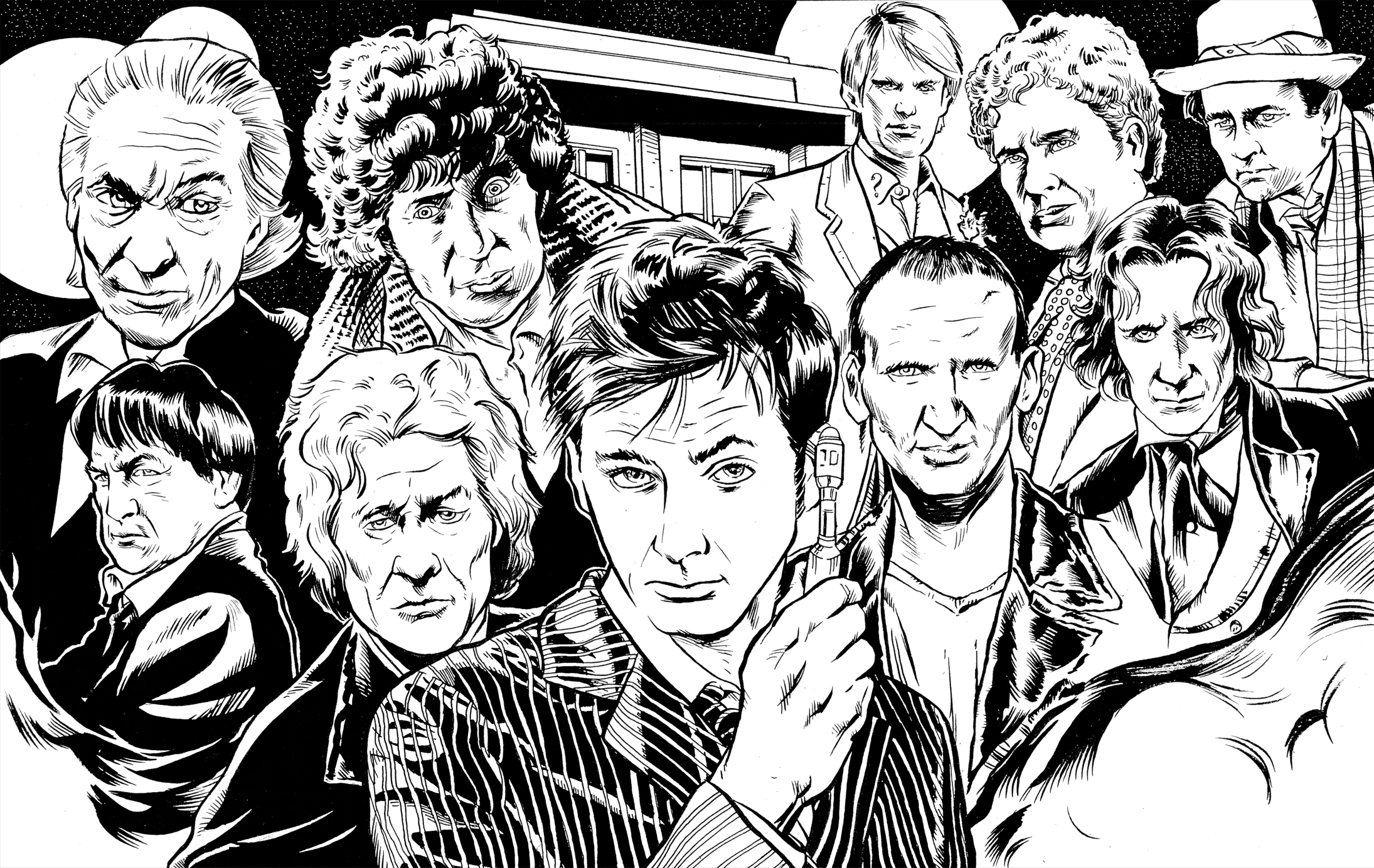 черно-белое изображение, эскизы, Четвертый Доктор, врачи, Одиннадцатый Доктор, произведение искусства, Доктор Кто, Десятый Доктор, Третий Доктор, Первый Доктор, Восьмой Доктор, Второй Доктор, Девятый Доктор, Шестой доктор, Пятый Доктор, Седьмой Доктор - обои на рабочий стол