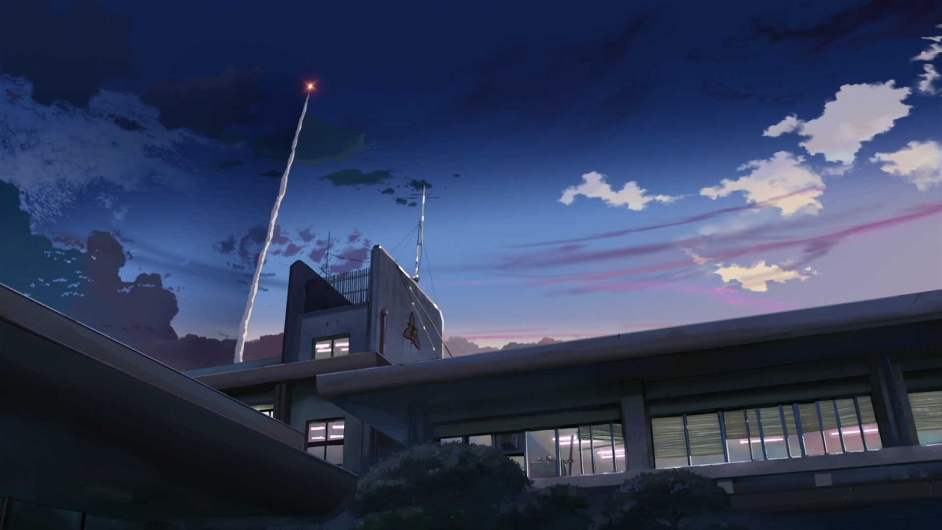 ночь, здания, Макото Синкай, 5 сантиметров в секунду, аниме, инверсионных, низкий угол выстрел - обои на рабочий стол