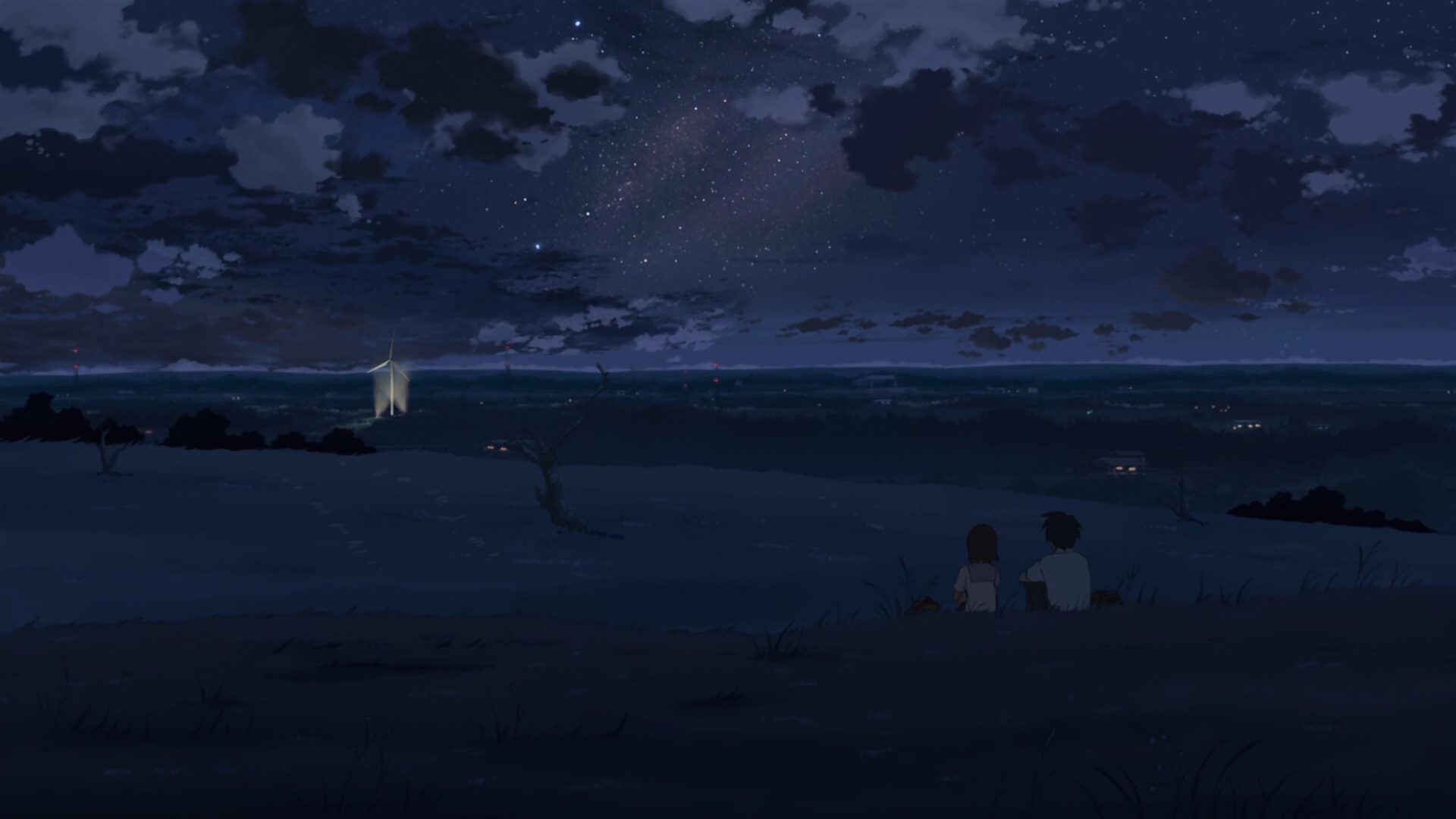 ночь, звезды, Макото Синкай, пара, 5 сантиметров в секунду, аниме, ветряные мельницы, Nightsky - обои на рабочий стол