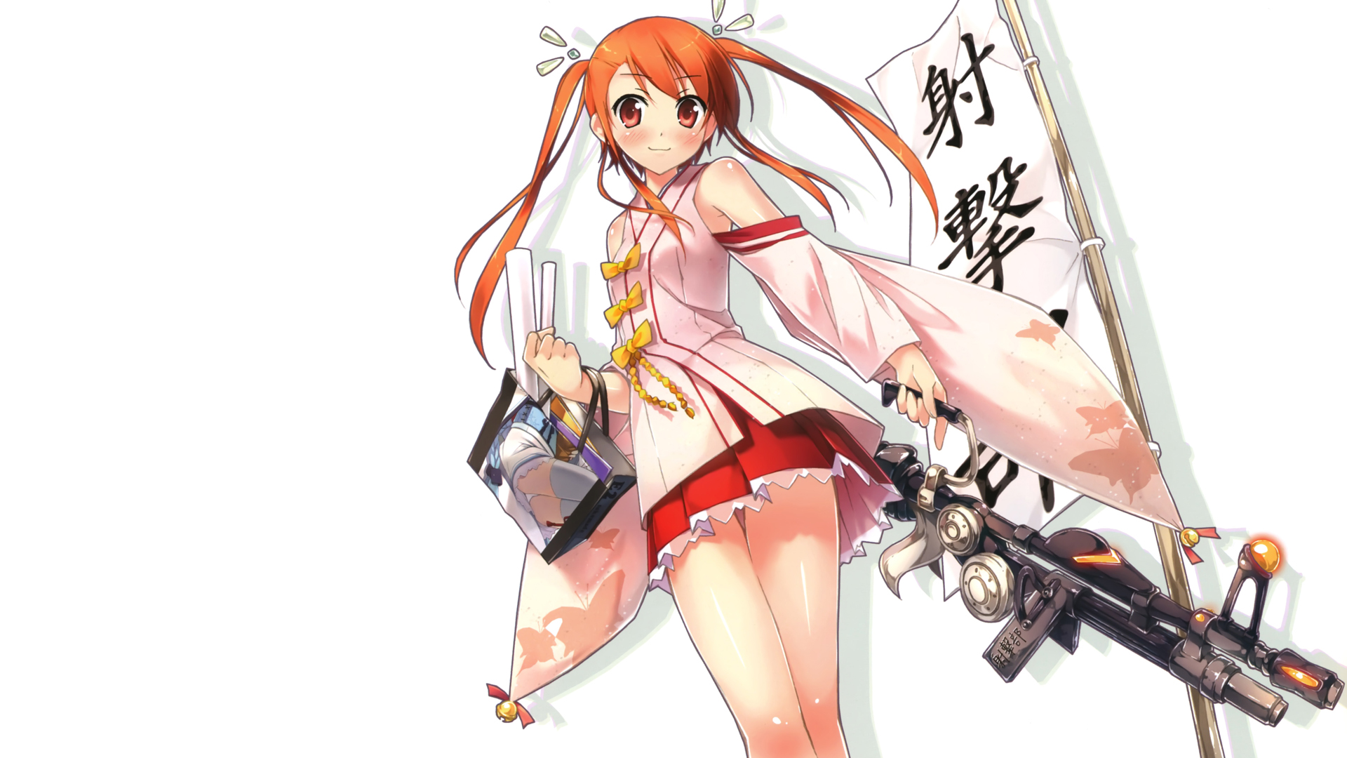 пистолеты, платье, оружие, хвостики, оранжевые волосы, японская одежда, простой фон, аниме девушки, Kantoku ( художник ), белый фон, оригинальные персонажи - обои на рабочий стол