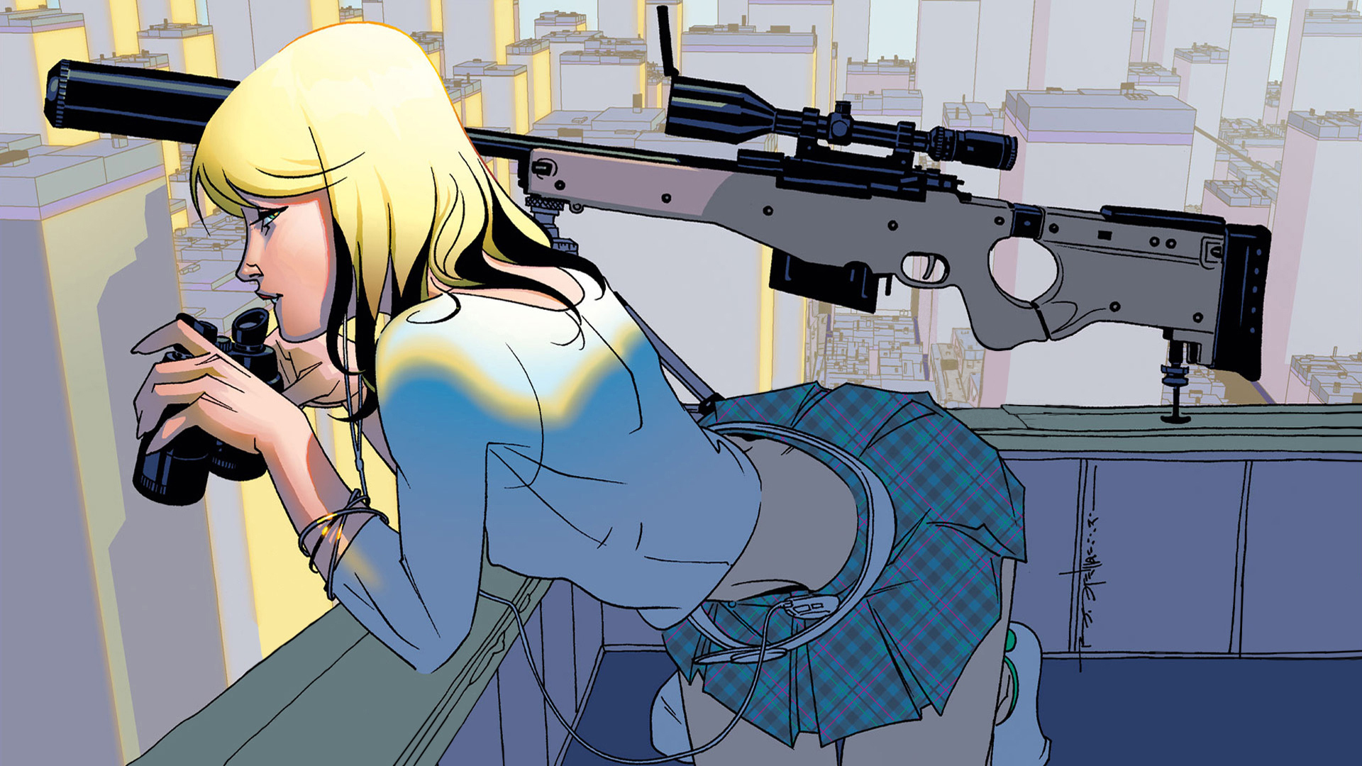 блондинки, снайперские винтовки, крыши, мини-юбки, аниме, бинокль, склонность, L- 96 - обои на рабочий стол