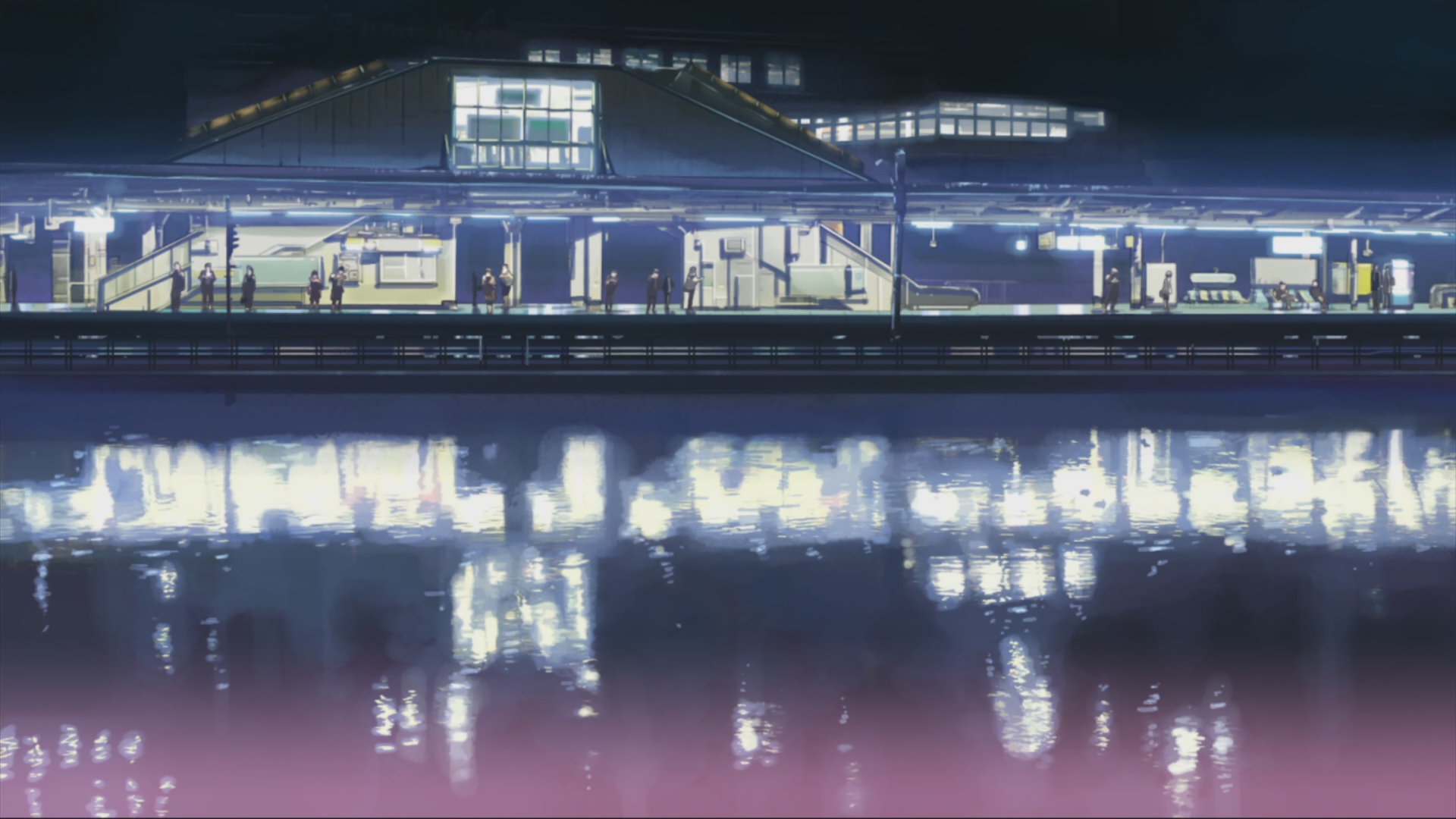 Макото Синкай, вокзалы, 5 сантиметров в секунду, произведение искусства, аниме, отражения - обои на рабочий стол