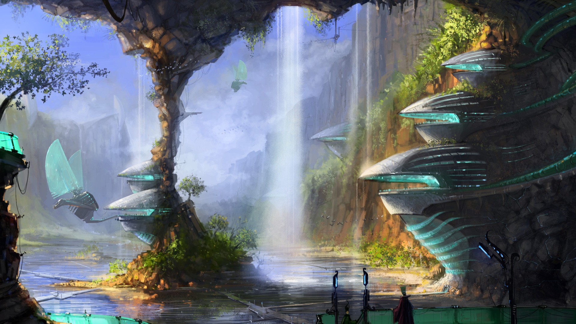 фантазия, научная фантастика, водопады - обои на рабочий стол