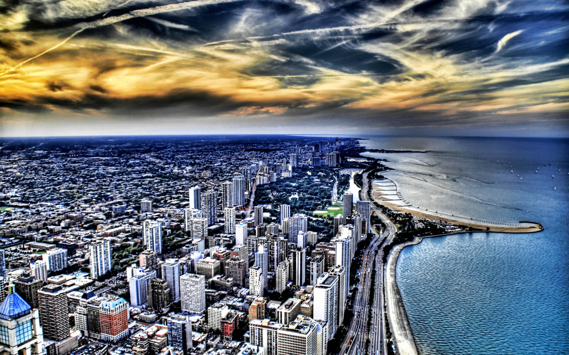 побережье, города, Чикаго, здания, небоскребы, Озеро Мичиган, HDR фотографии, Великие озера, пляжи - обои на рабочий стол