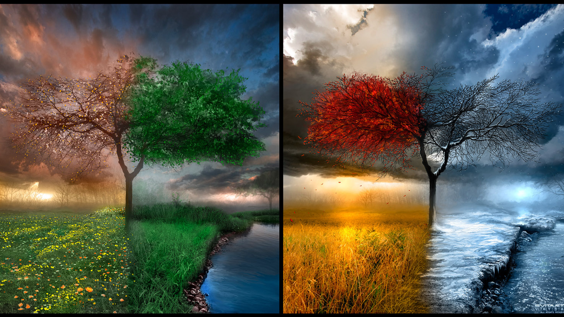 пейзажи, зима, деревья, осень, художественный, сезоны, лето, весна, радуга - обои на рабочий стол