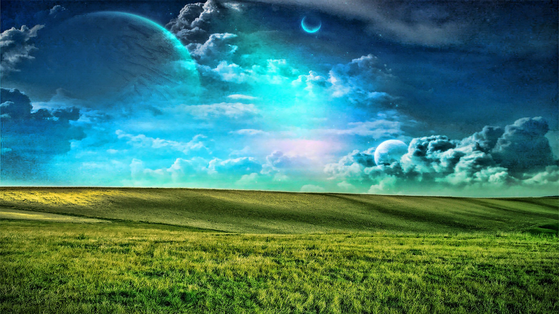облака, планеты, трава - обои на рабочий стол