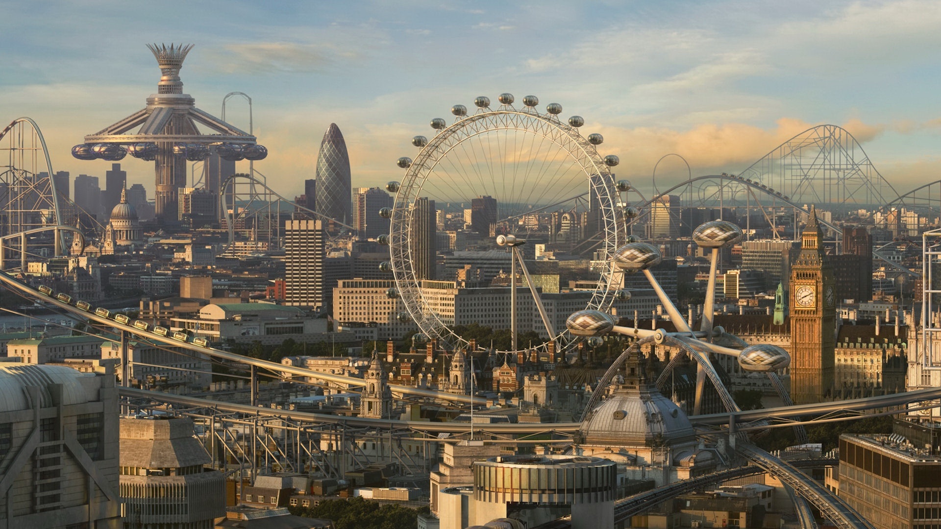 города, подделка, компьютерная графика, Лондон, London Eye, Биг-Бен, города будущего, фото манипуляции, американские горки - обои на рабочий стол