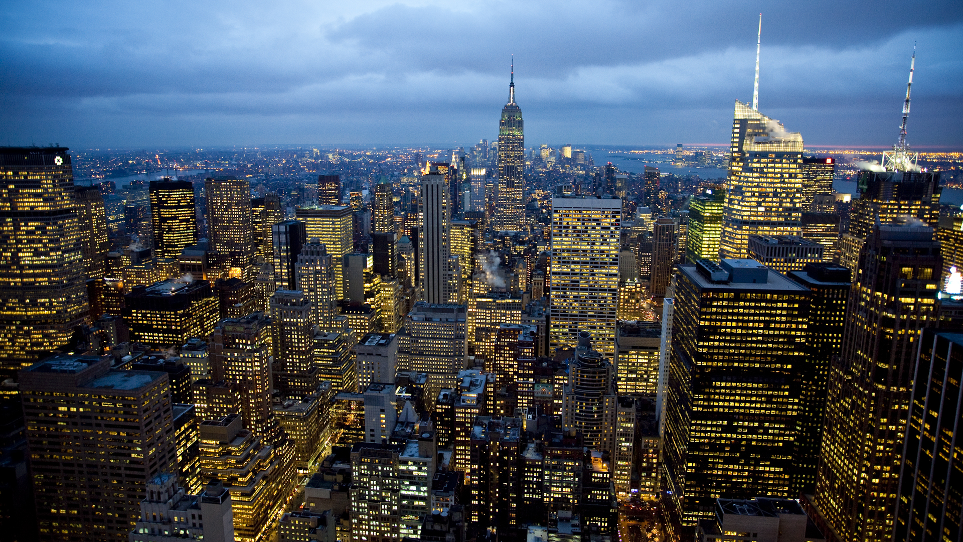 облака, города, огни, Нью-Йорк, небоскребы - обои на рабочий стол