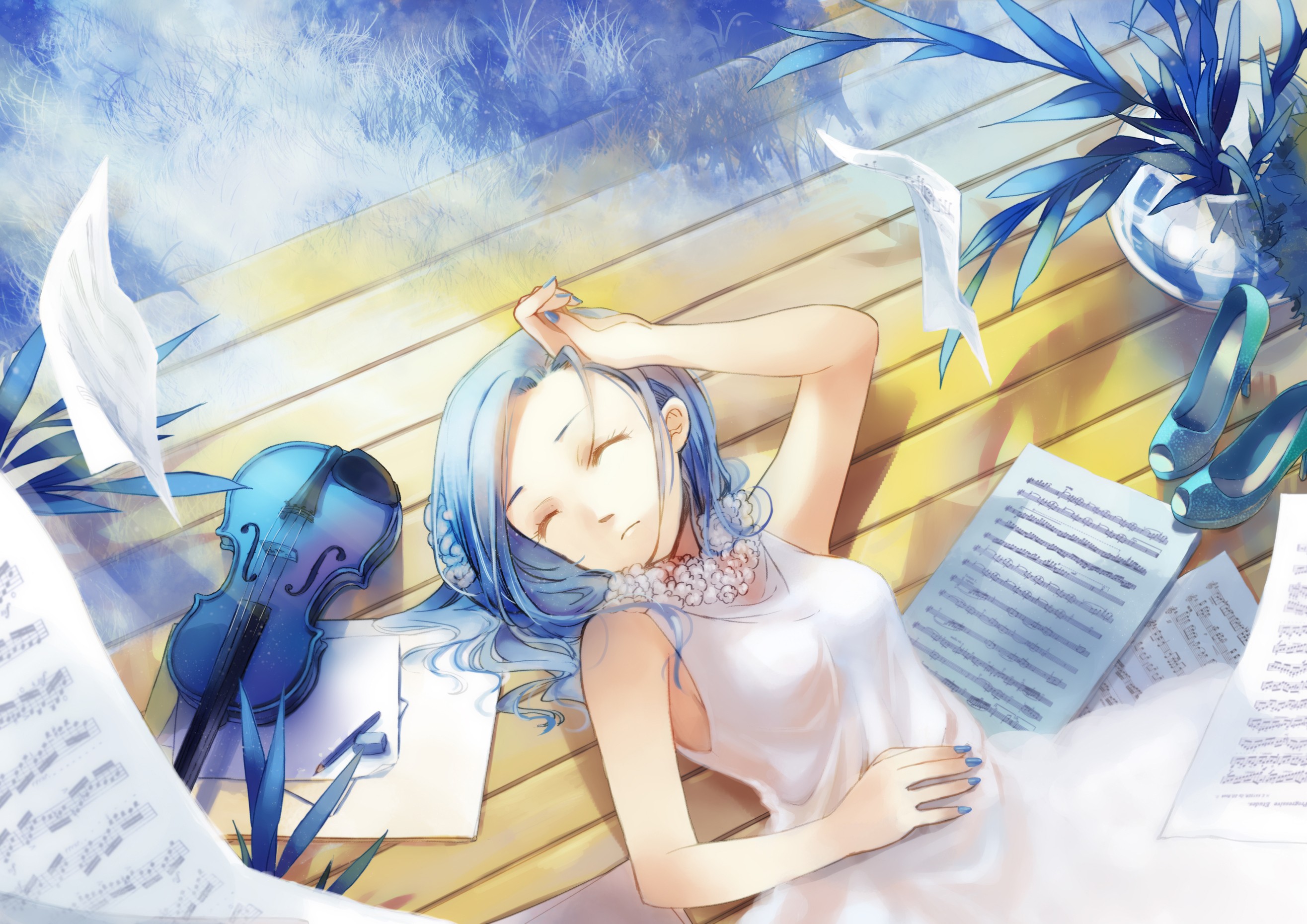 Аниме девушка с голубыми волосами спит