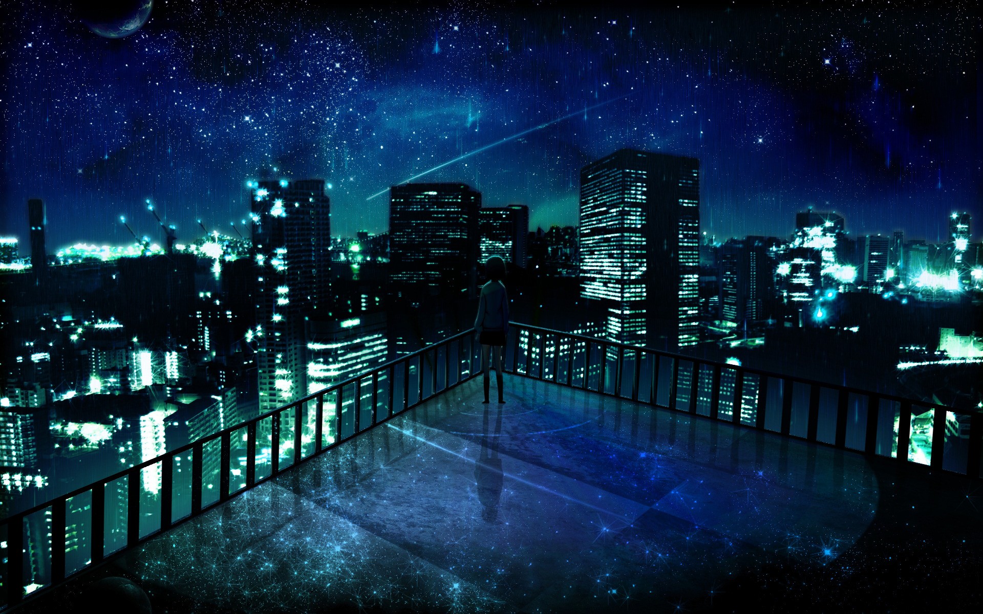 космическое пространство, города, ночь, звезды, балкон, здания, одиноко, городские огни, произведение искусства, манга, ночные пейзажи - обои на рабочий стол