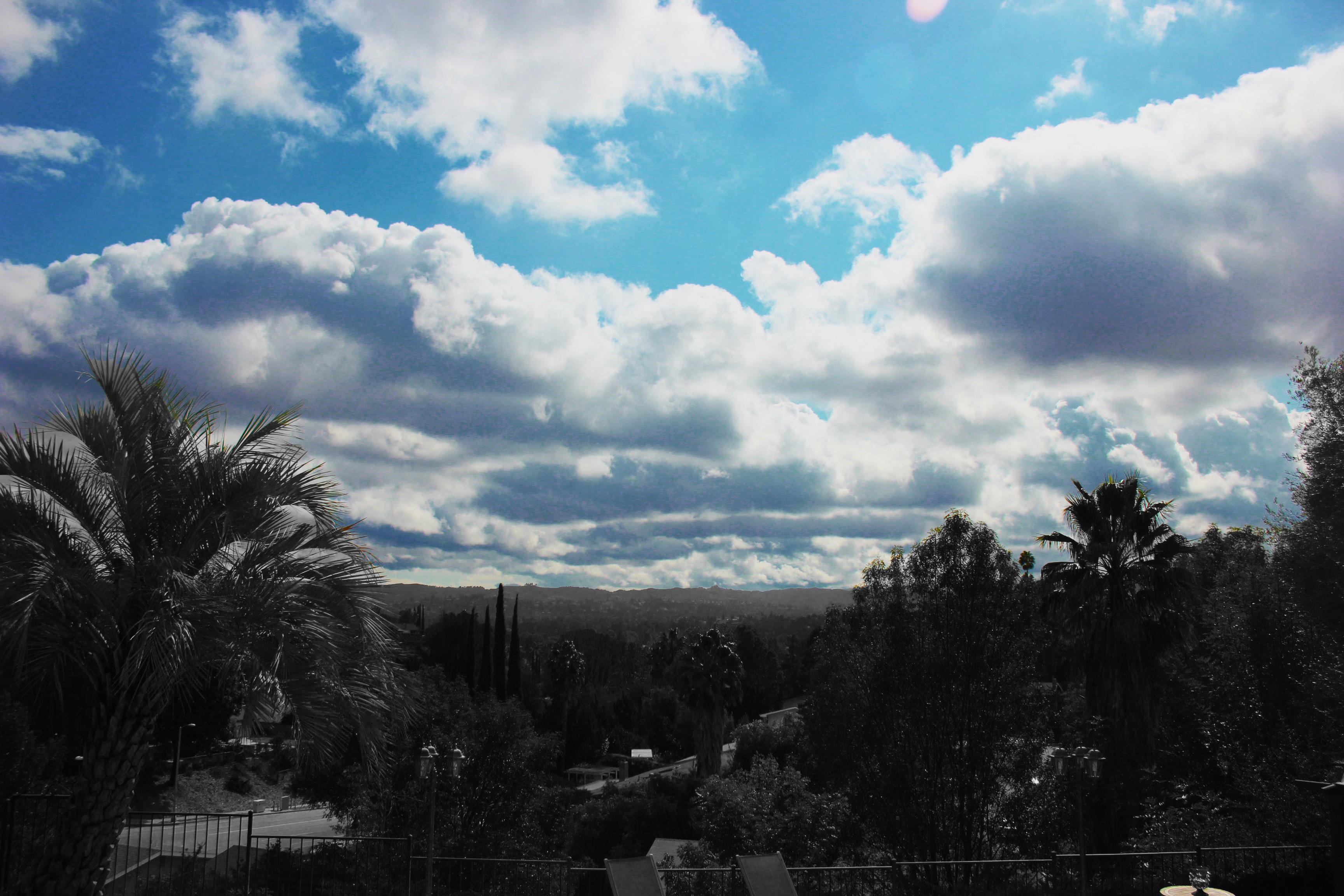 облака, природа, долины, Калифорния, пальмовые деревья, выборочная раскраска, небо - обои на рабочий стол