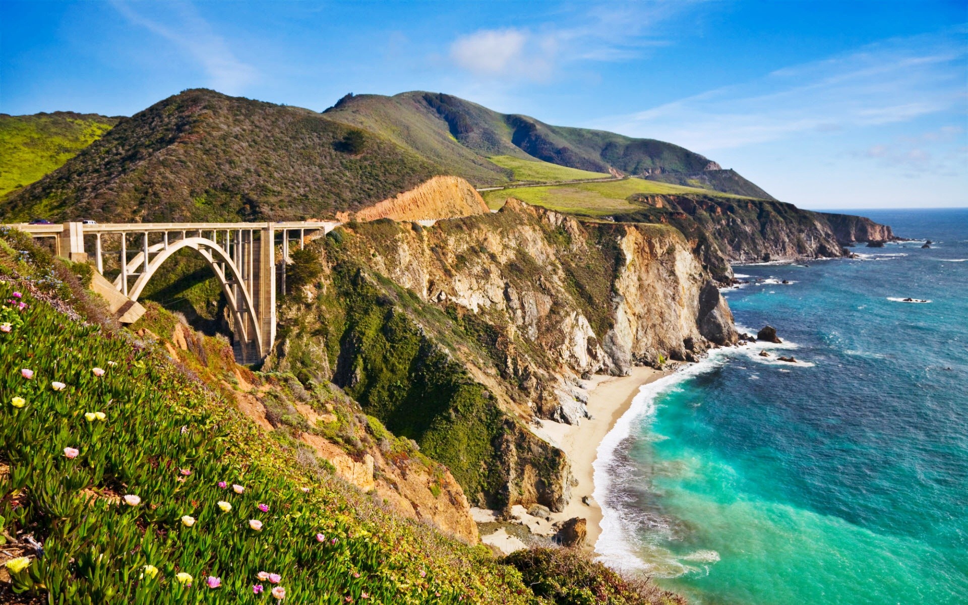 пейзажи, побережье, цветы, холмы, мосты, США, Калифорния, море, Big Sur Калифорния - обои на рабочий стол