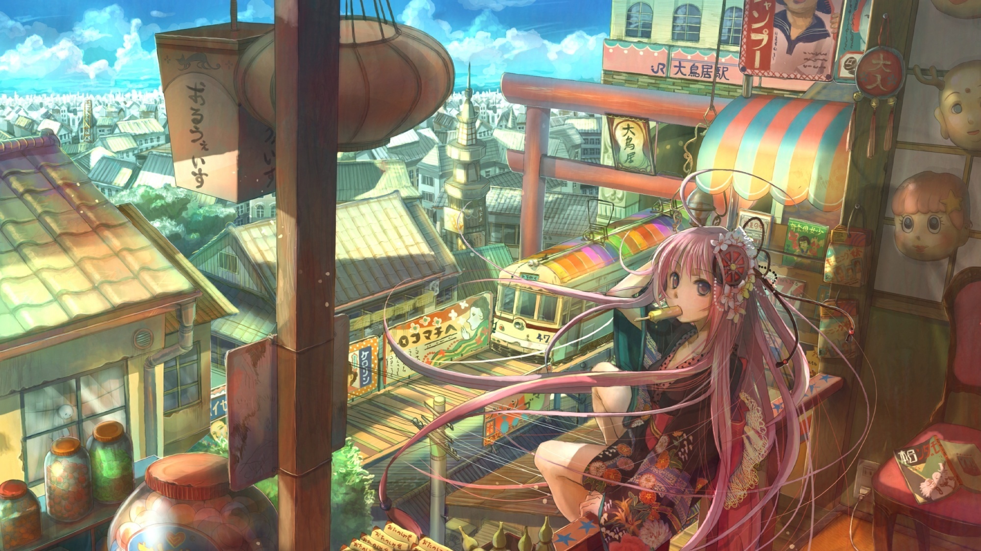 поезда, розовые волосы, Fuji Чоко, мягкие тени, аниме девушки, оригинальные персонажи - обои на рабочий стол