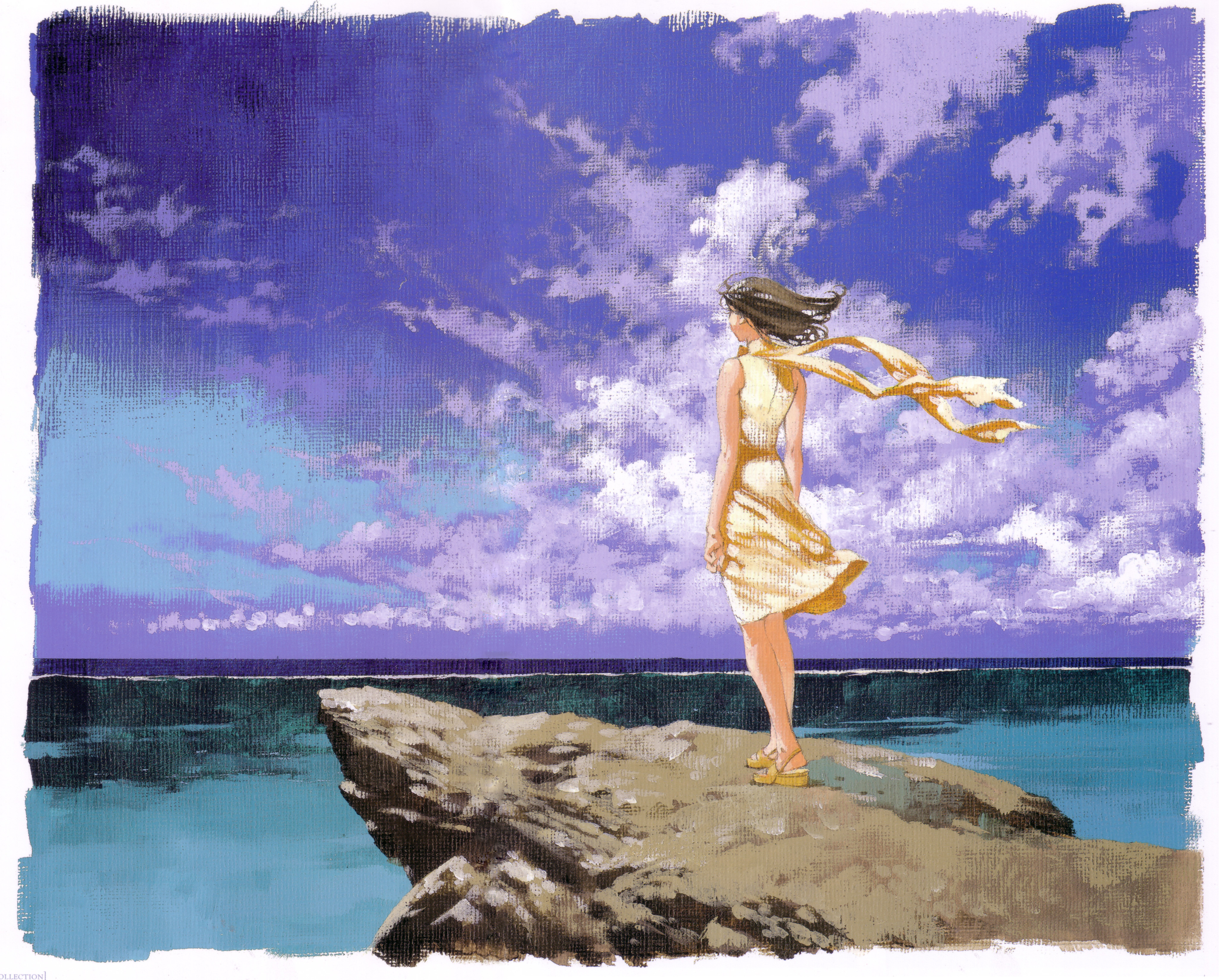 облака, скалы, RahXephon, произведение искусства, аниме девушки, ветреный, море - обои на рабочий стол