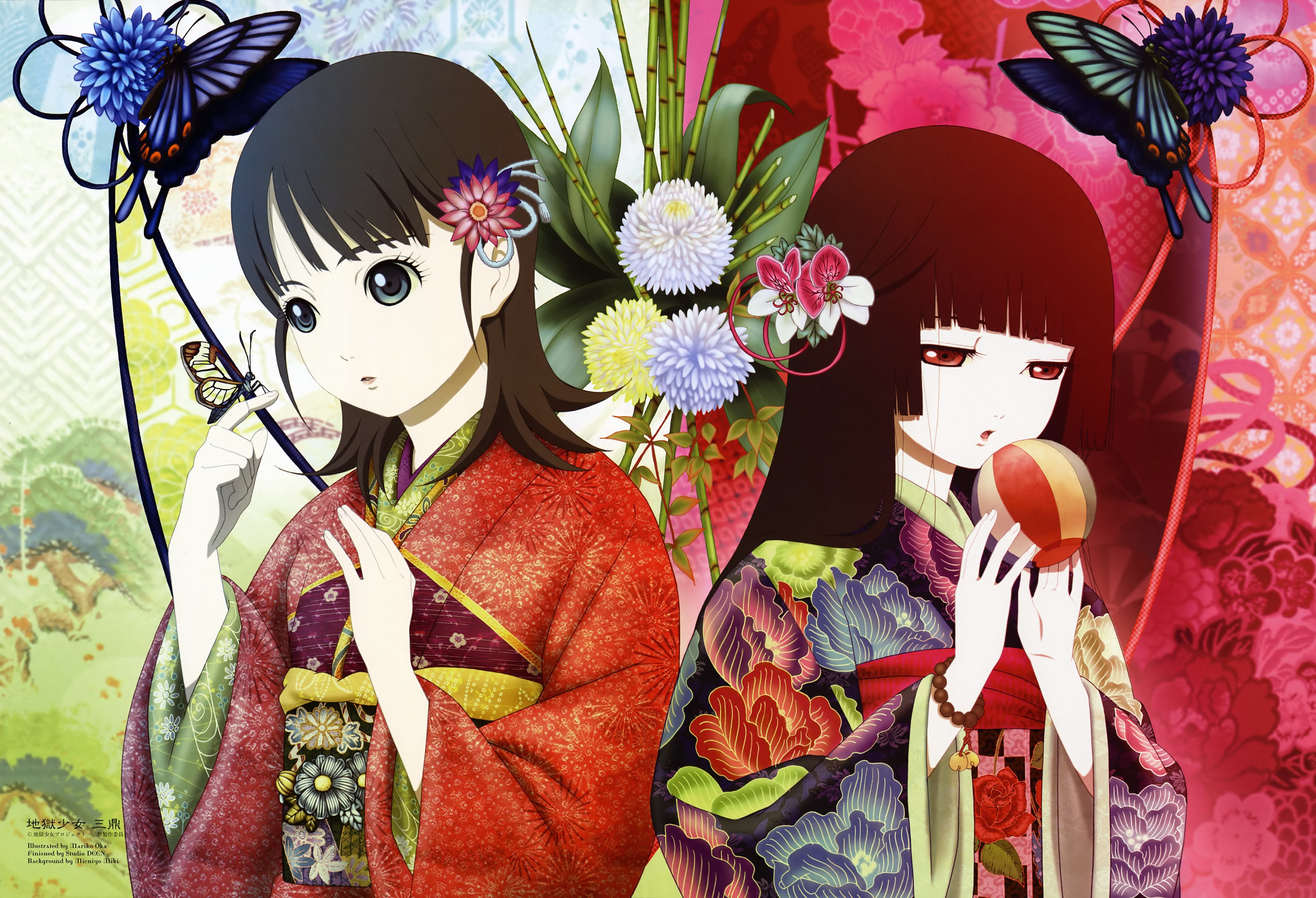 цветы, Jigoku Shoujo, кимоно, красные глаза, Енма Ai, японская одежда, черные волосы, бабочки - обои на рабочий стол