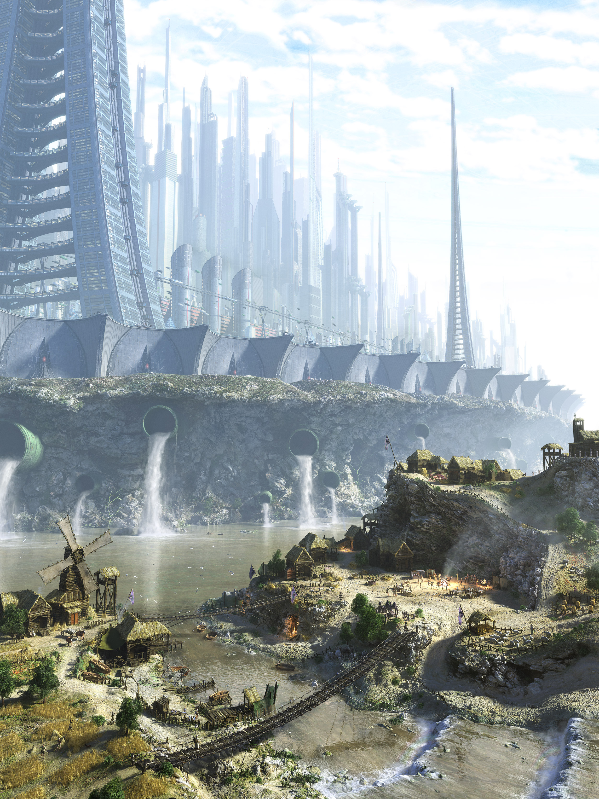 фантазия, футуристический, будущее, мосты, города, бедных, небоскребы, научная фантастика, ветряные мельницы - обои на рабочий стол