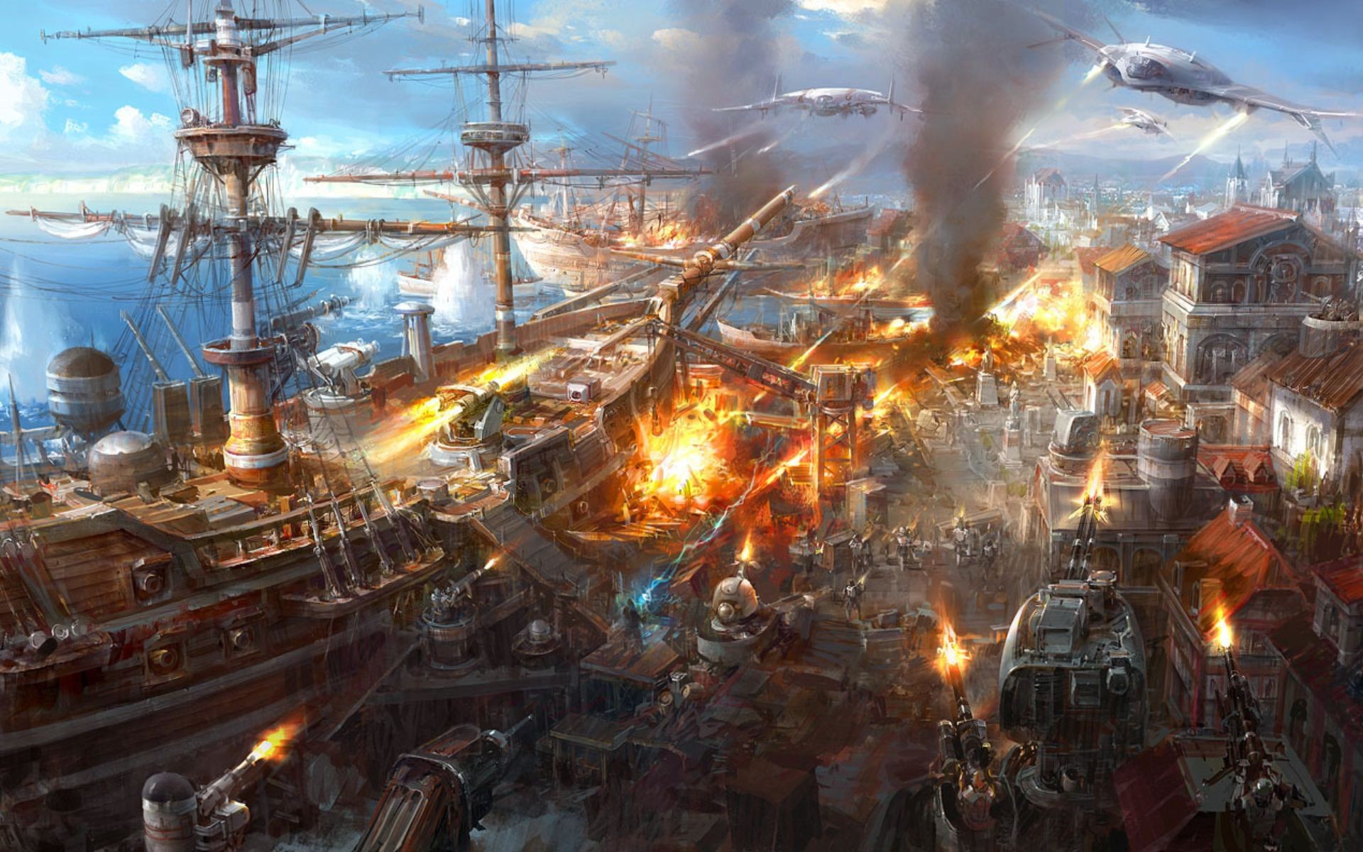 фантазия, самолет, война, города, взрывы, огонь, дым, корабли, оружие, 3D (трехмерный), Jaecheol парк - обои на рабочий стол