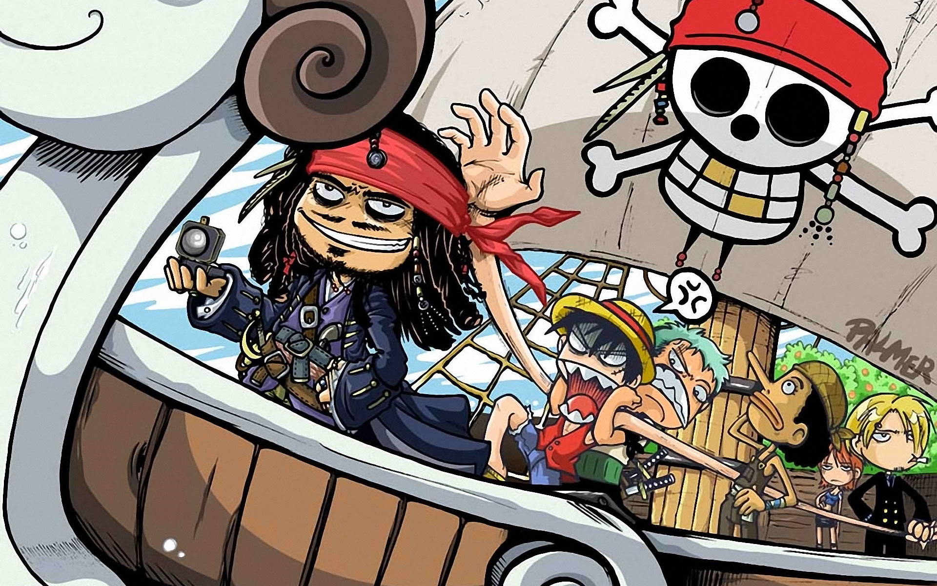 One Piece ( аниме ), Roronoa Зоро, Пираты Карибского моря, кроссоверы, Капитан Джек Воробей, фан-арт, Обезьяна D Луффи, Нами ( One Piece ), Санджи ( One Piece ) - обои на рабочий стол