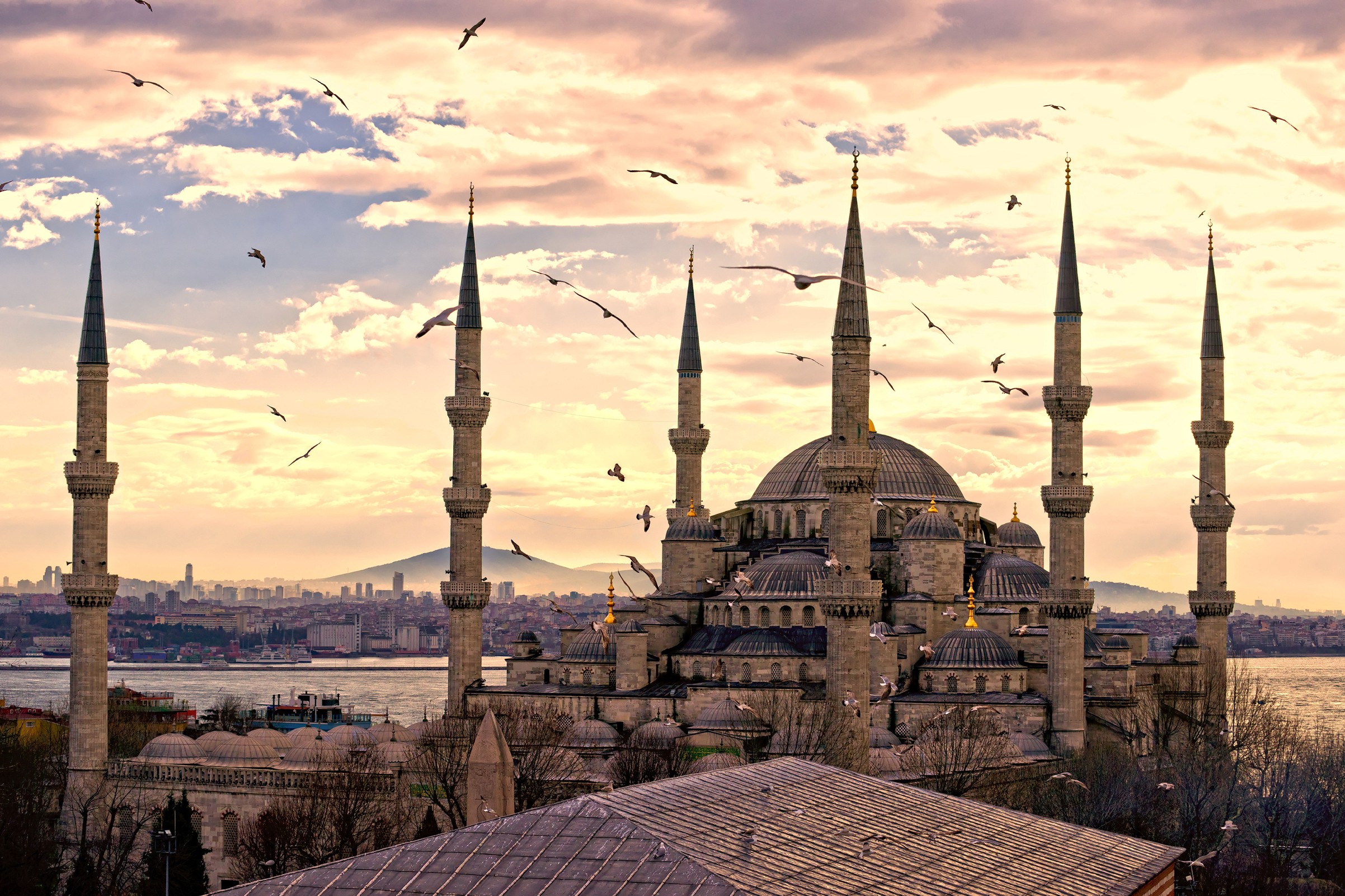 закат, район, Турция, Стамбул, Голубая мечеть, Султанахмет - обои на рабочий стол