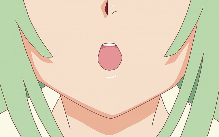 рот, Bakemonogatari (Истории монстров), зеленые волосы, Сэнгоку Nadeko, серия Monogatari - обои на рабочий стол