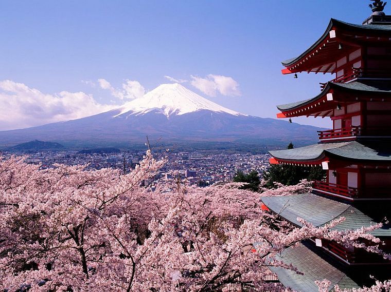 Япония, Гора Фудзи, вишни в цвету, пагоды, Chureito Пагода - обои на рабочий стол