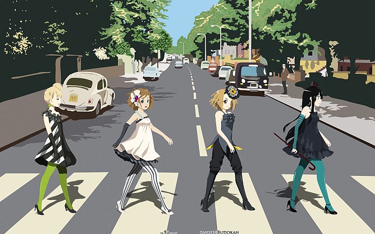 Abbey Road, K-ON! (Кэйон!), Hirasawa Юи, Акияма Мио, Tainaka Ritsu, полосатые носки - обои на рабочий стол