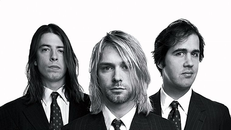 гранж, длинные волосы, Nirvana, Дэйв Грол, Курт Кобейн, оттенки серого, Крис Новоселич - обои на рабочий стол