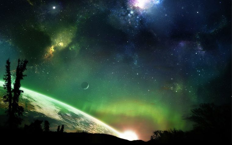 зеленый, космическое пространство, горизонт, деревья, звезды, планеты, Земля, атмосфера, научная фантастика, лун - обои на рабочий стол
