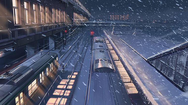 снег, Макото Синкай, вокзалы, 5 сантиметров в секунду, снег - обои на рабочий стол