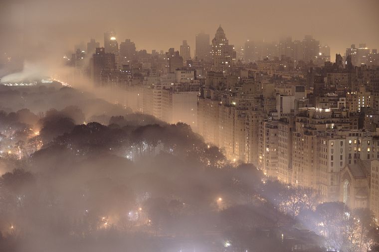 города, ночь, огни, туман, здания, Нью-Йорк - обои на рабочий стол