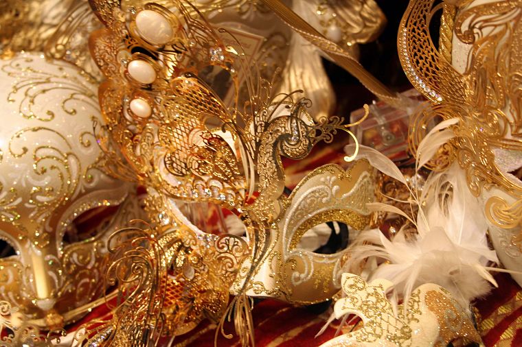 золотой, перья, маски, блеск, Венецианские маски - обои на рабочий стол
