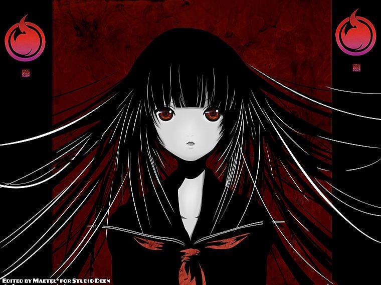 темнота, школьная форма, школьницы, Jigoku Shoujo, длинные волосы, красные глаза, Енма Ai, аниме девушки, бледная кожа, морская форма, челка, черные волосы - обои на рабочий стол