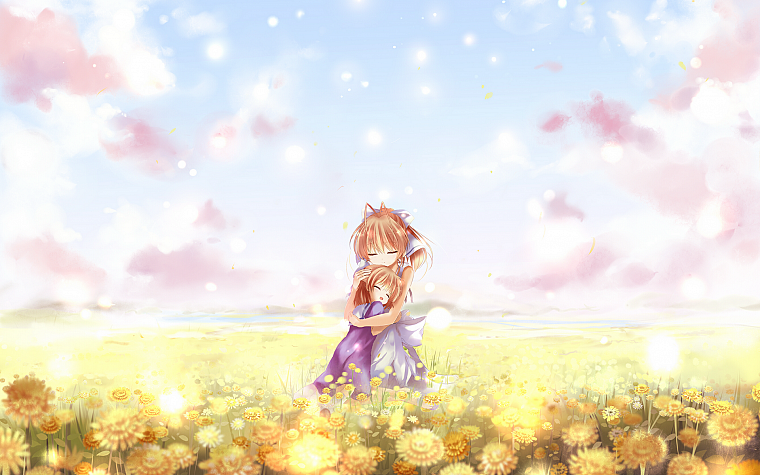 облака, цветы, поля, Clannad, Фурукава Нагиса, Окадзаки Ушио, небо, аниме девушки - обои на рабочий стол