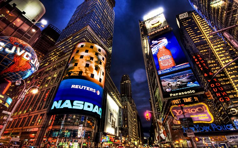 города, ночь, архитектура, здания, Нью-Йорк, небоскребы, Таймс-сквер, реклама - обои на рабочий стол