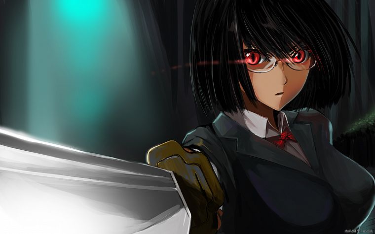 очки, оружие, красные глаза, Durarara !, Sonohara Анри, meganekko, аниме девушки, мечи, черные волосы - обои на рабочий стол