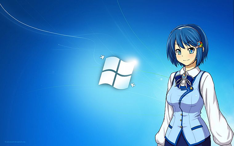 синий, Windows 7, голубые глаза, школьная форма, синие волосы, Мадобе Нанами, Microsoft Windows, аниме, ОС- загар, аниме девушки - обои на рабочий стол