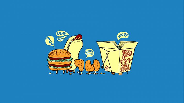 еда, смешное, хот-доги, коровы, гамбургеры, куриные крылышки - обои на рабочий стол