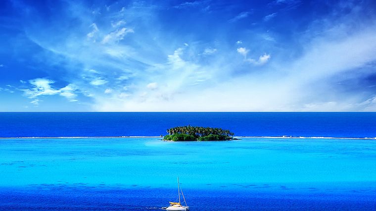 синий, океан, облака, пейзажи, природа, корабли, острова, небо - обои на рабочий стол