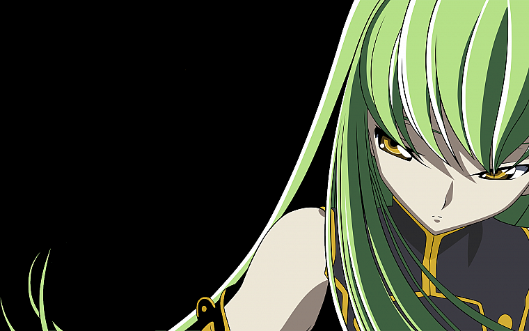 Code Geass (Код Гиас), зеленые волосы, желтые глаза, C.C., аниме девушки, темный фон - обои на рабочий стол