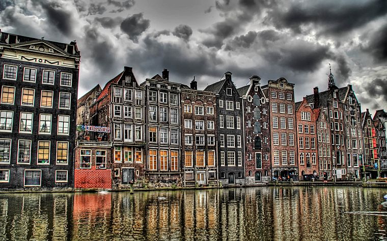 облака, здания, Европа, плотина, Голландия, Амстердам, HDR фотографии, реки, отражения - обои на рабочий стол